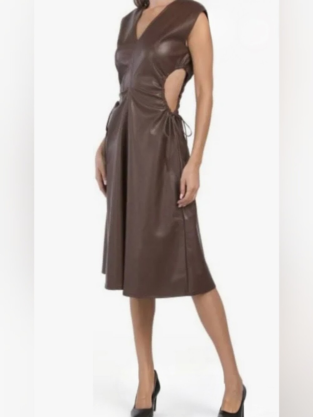 7 For All Mankind Brown Faux Leather Cutout Midi Dress Vegan Leather Size XS